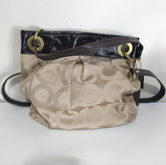 COACH Brown Tan Printed Canvas Patent Leather Top Handle Shoulder Tote Bag - Picture 7 of 16